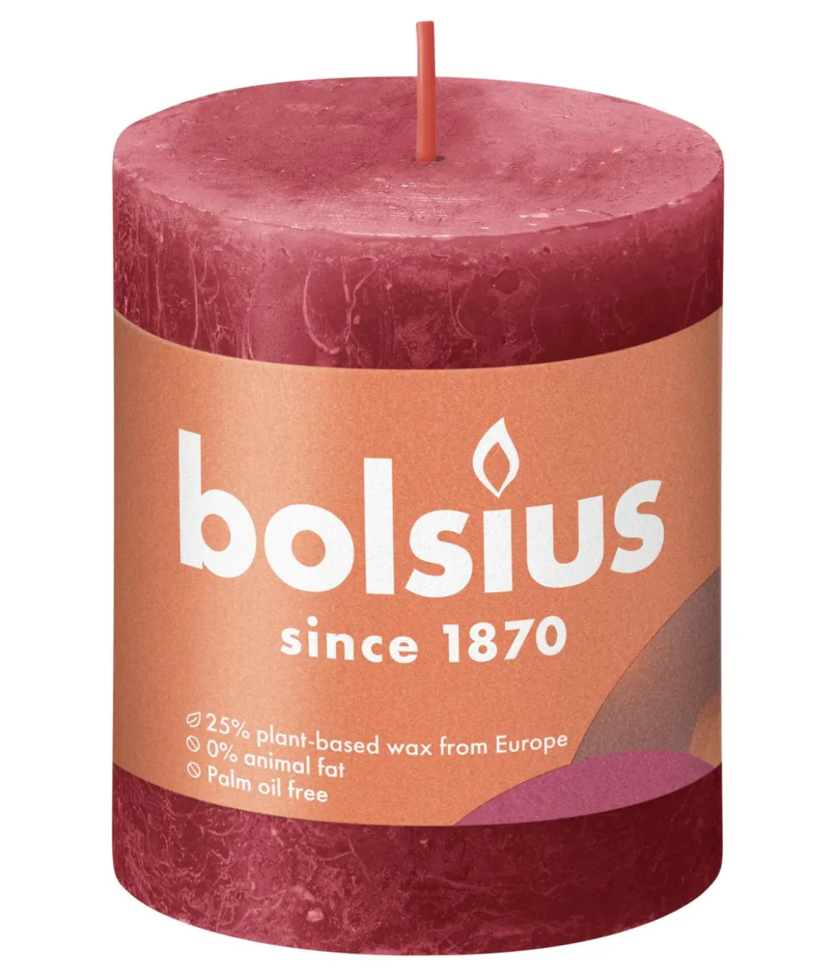 Bolsius Rustik Stumpenkerze Shine, zartes rot, ca. Ø6,8/H8 cm