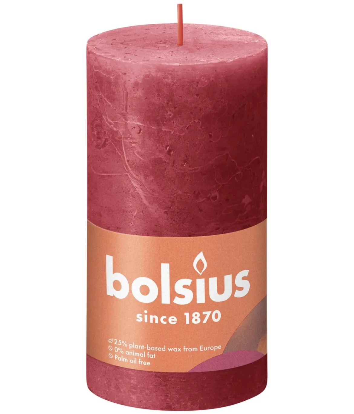 Bolsius Rustik Stumpenkerze Shine, zartes rot, ca. Ø6,8/H13 cm