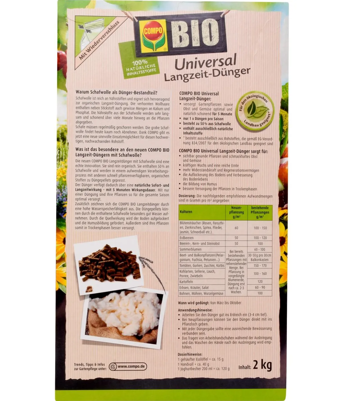 COMPO BIO Universal Langzeit-Dünger mit Schafwolle, 2 kg