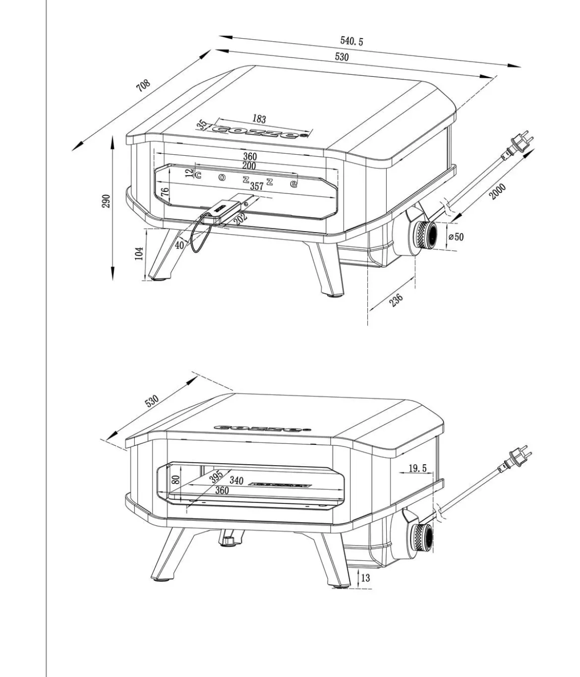 Cozze elektrischer Pizzaofen 34 cm (13"), inkl. Pizzastein & Hitzeschild, ca. B53/H29/T53 cm