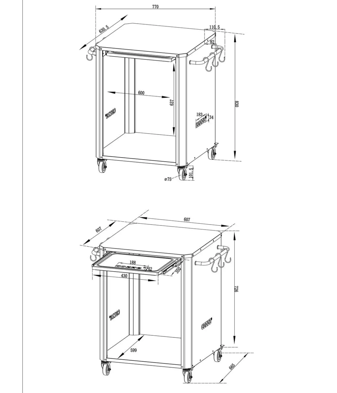 Cozze Outdoor-Küche Tisch mit Auszug, ca. B66,5/H82,5/T77 cm