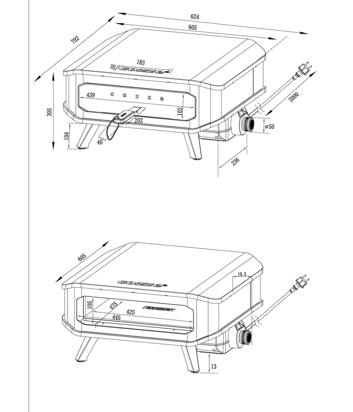 Cozze Pizzaofen elektrisch 42 cm (17"), inkl. Pizzastein & Hitzeschild, ca. B61/H31/T61 cm
