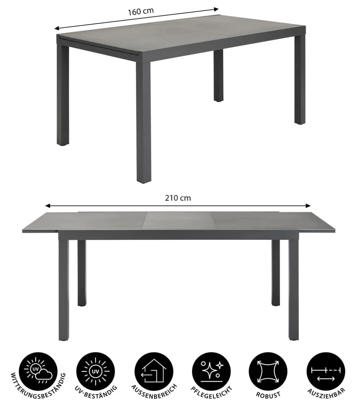 Dehner Ausziehtisch Chicago Dark, ca. B160-210/H75/T90 cm