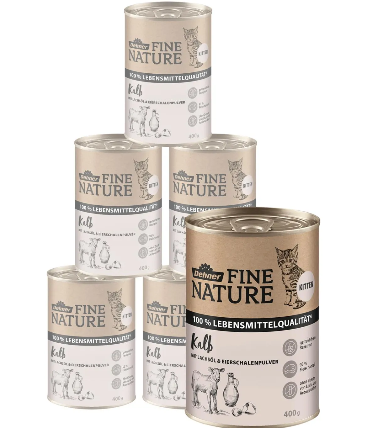 Dehner Fine Nature Nassfutter für Katzen Kitten, Kalb mit Lachsöl & Eierschalenpulver