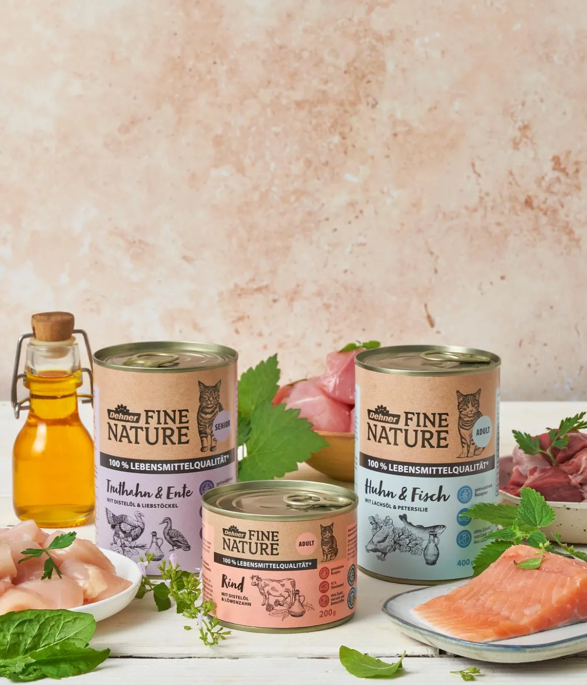 Dehner Fine Nature Nassfutter für Katzen Adult, Huhn & Fisch mit Lachsöl & Petersilie