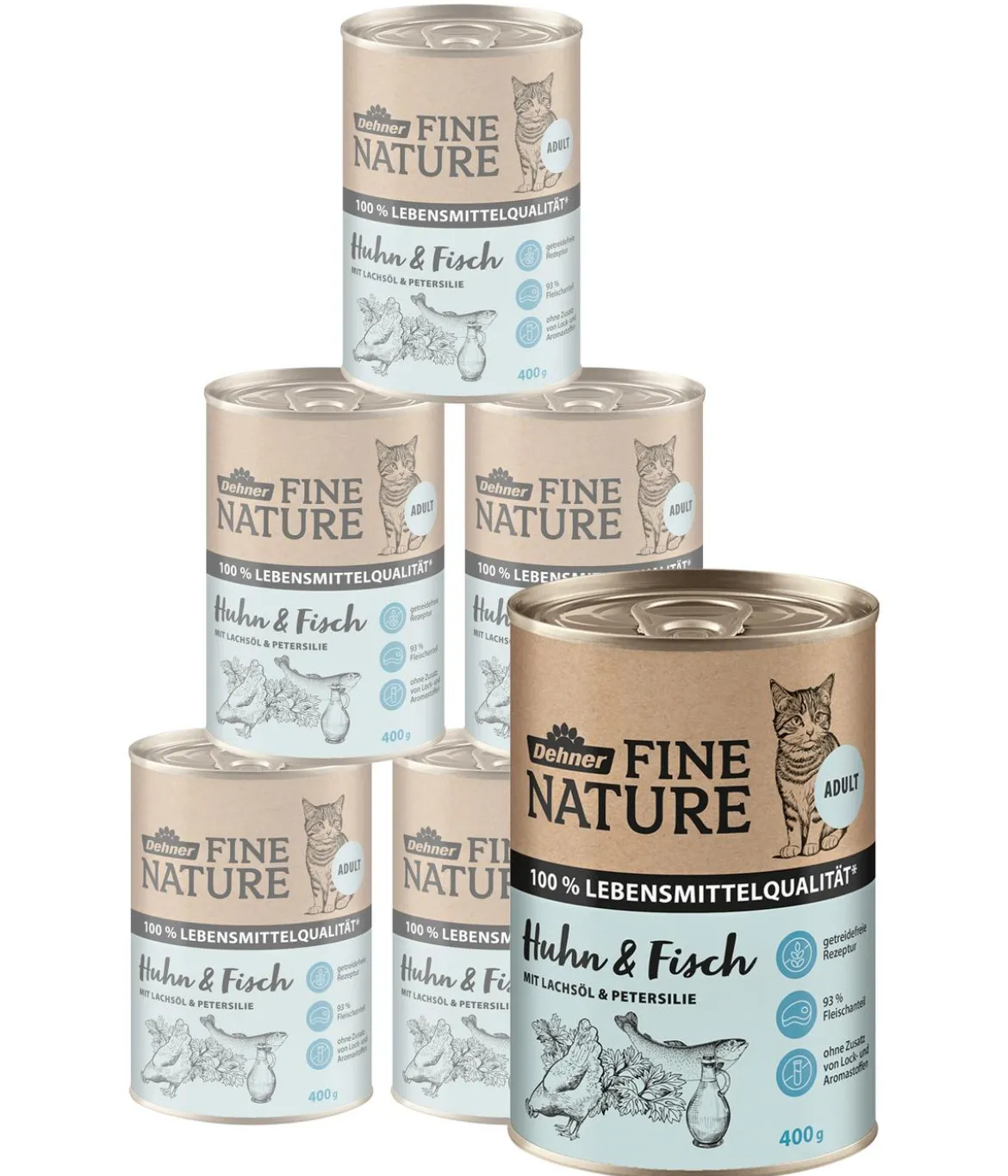 Dehner Fine Nature Nassfutter für Katzen Adult, Huhn & Fisch mit Lachsöl & Petersilie