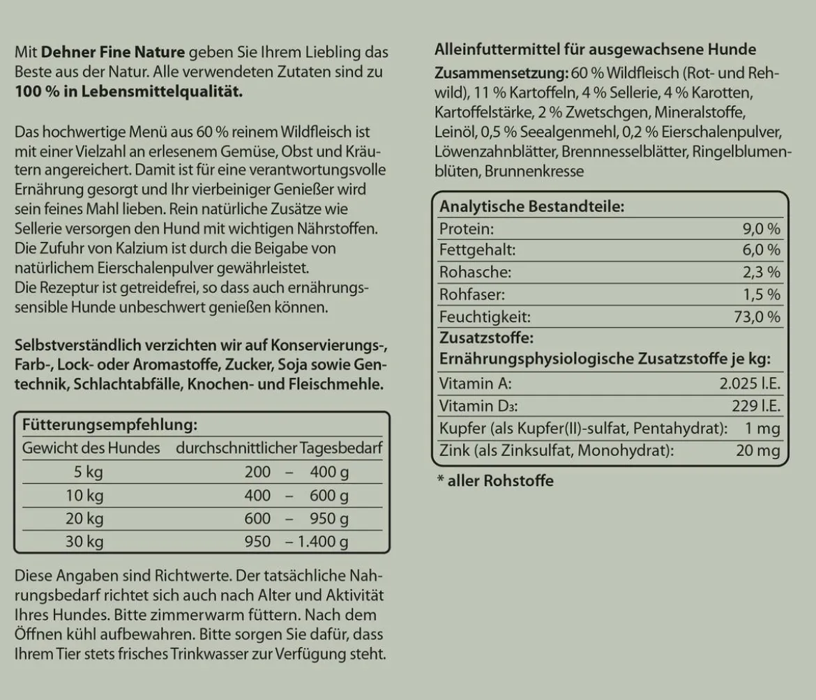 Dehner Fine Nature Nassfutter für Hunde Adult, Wild mit Sellerie, Karotten & Zwetschgen
