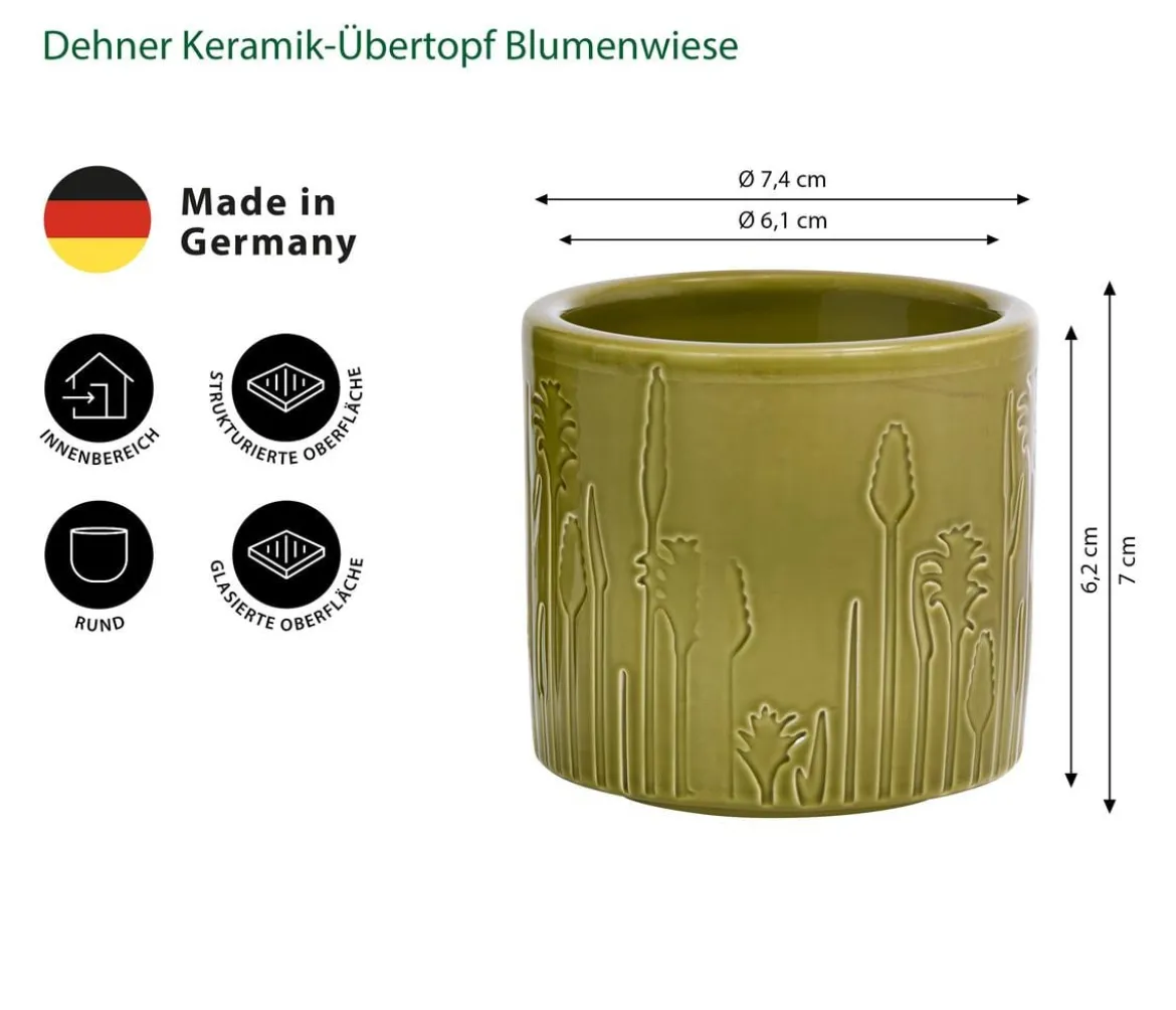 Dehner Keramik-Übertopf Blumenwiese, rund, schilfgrün