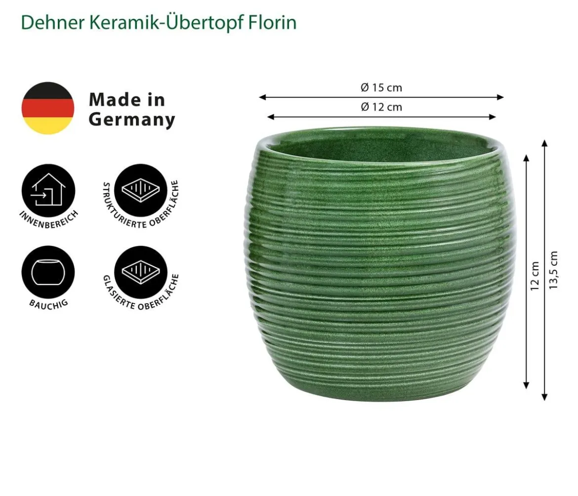 Dehner Keramik-Übertopf Florin, bauchig, grün, ca. Ø15 cm