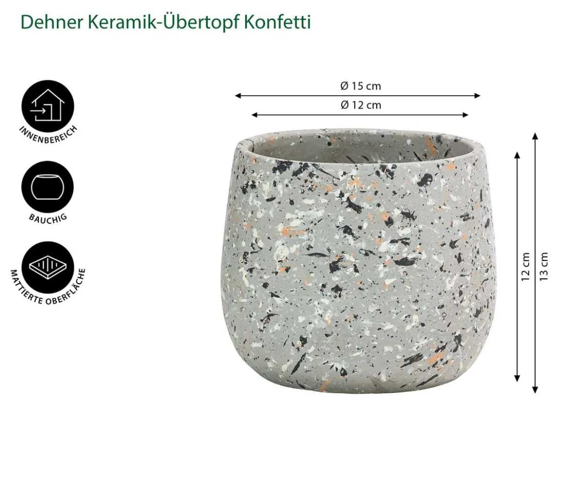 Dehner Keramik-Übertopf Konfetti, bauchig, grau/bunt, ca. Ø15 cm