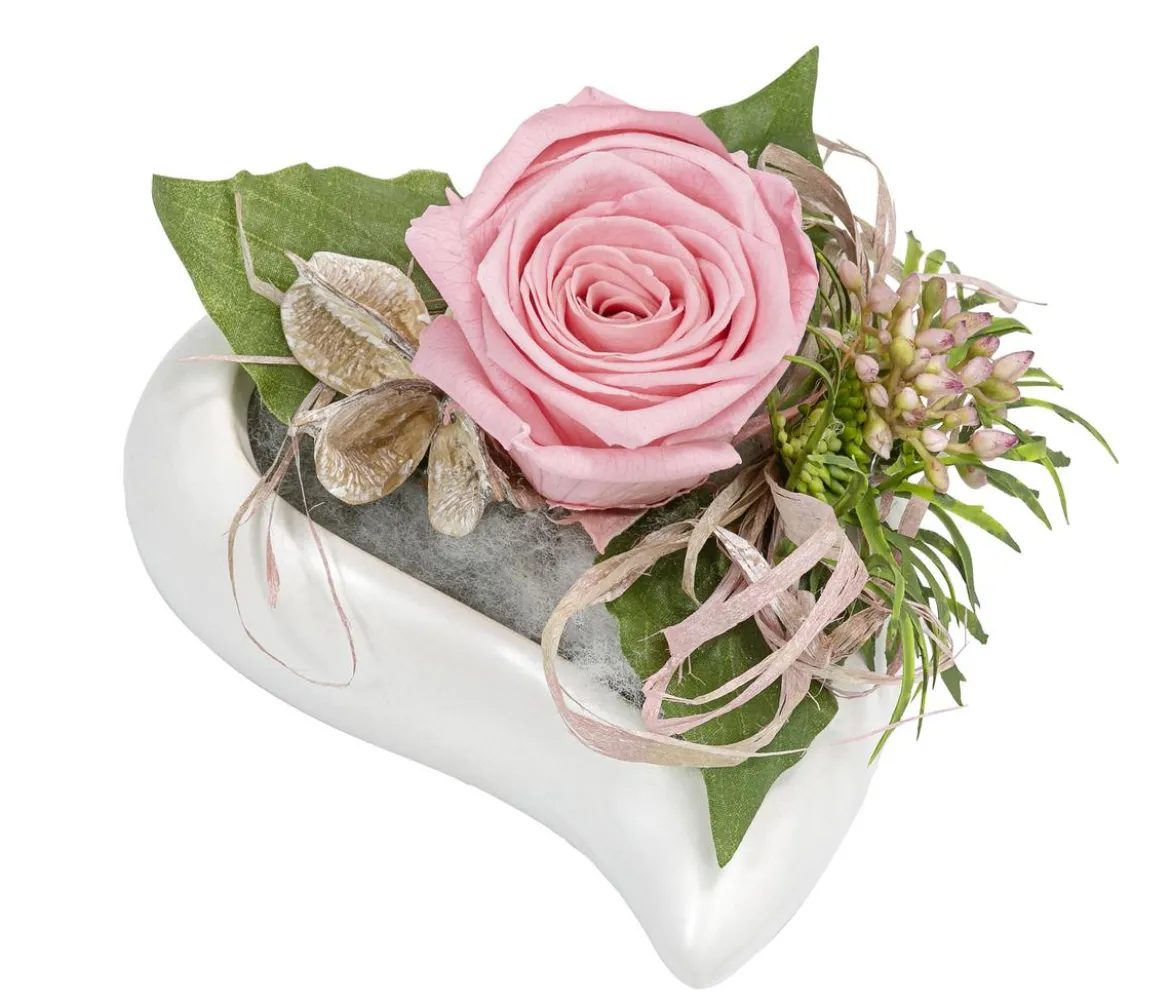 Dehner Keramik-Herz mit Longlife-Rose Carla, rosa, ca.B17/H10/T17 cm