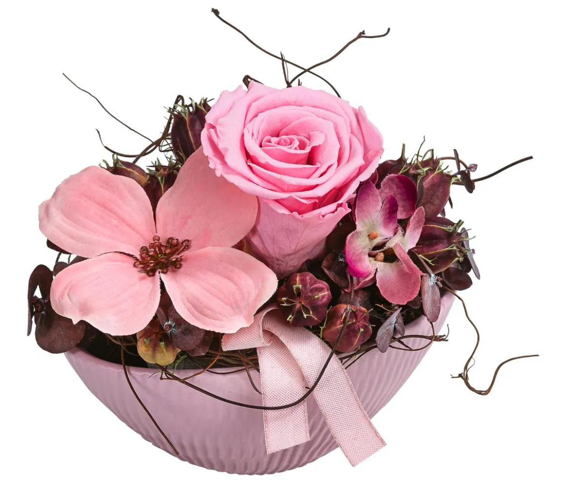 Dehner Keramik-Jardiniere mit Longlife-Rose Mila, rosa, ca. B17/H12/T8 cm