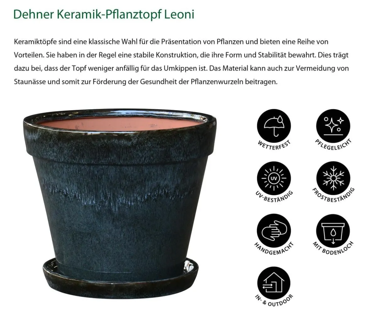 Dehner Keramik-Pflanztopf Leoni inkl. Untersetzer, konisch, ca. Ø15,5/H13 cm