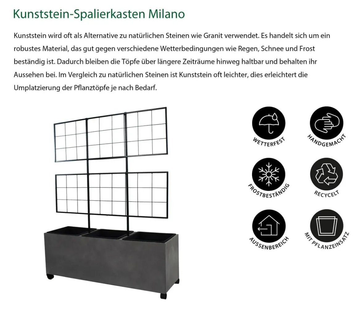 Dehner Kunststein-Spalierkasten Milano mit Rollen + 3 Pflanzeinsätzen, grau, ca. B100/H130/T35 cm