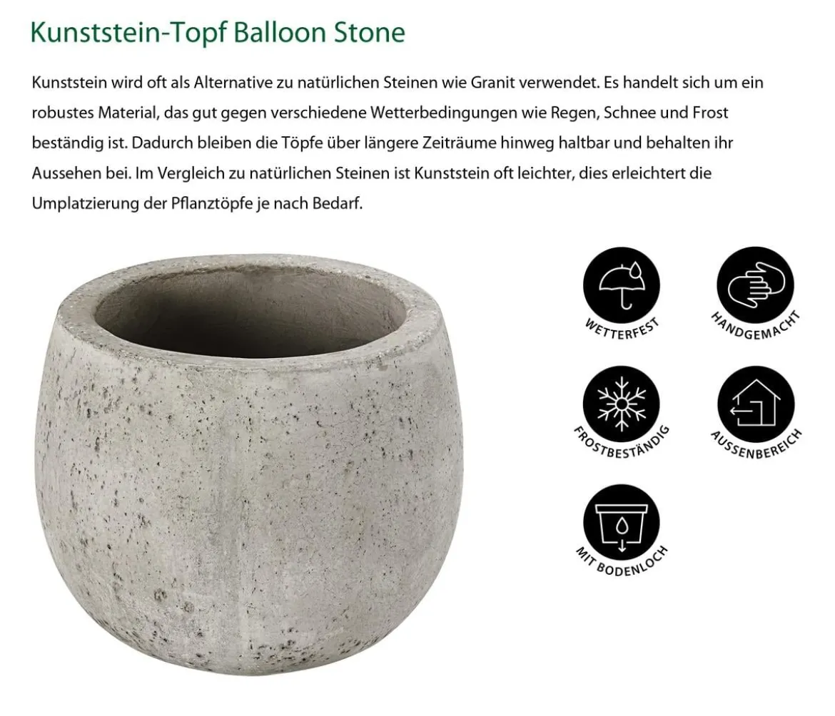 Dehner Kunststein-Topf Balloon Stone niedrig, bauchig, grau