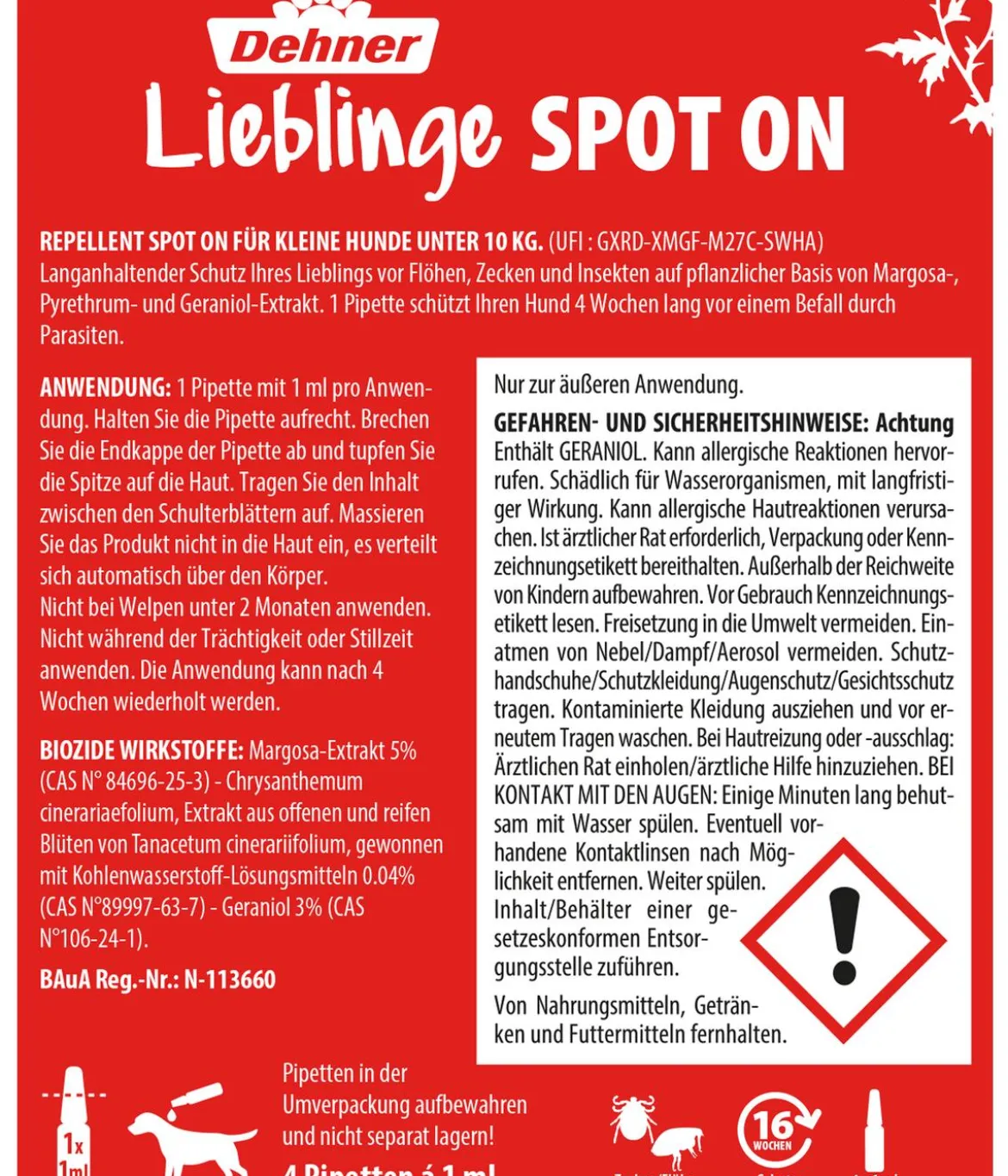Dehner Lieblinge Floh- und Zeckenschutz Spot On für kleine Hunde, 4 x 1 ml