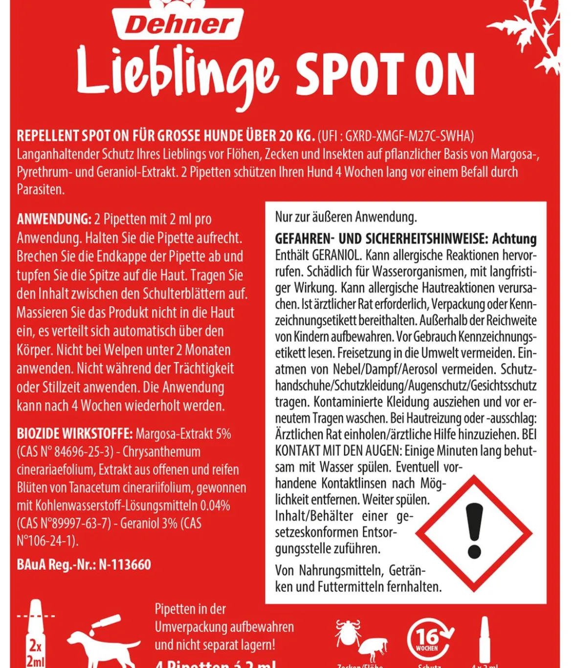 Dehner Lieblinge Floh- und Zeckenschutz Spot On für große Hunde, 4 x 2 ml