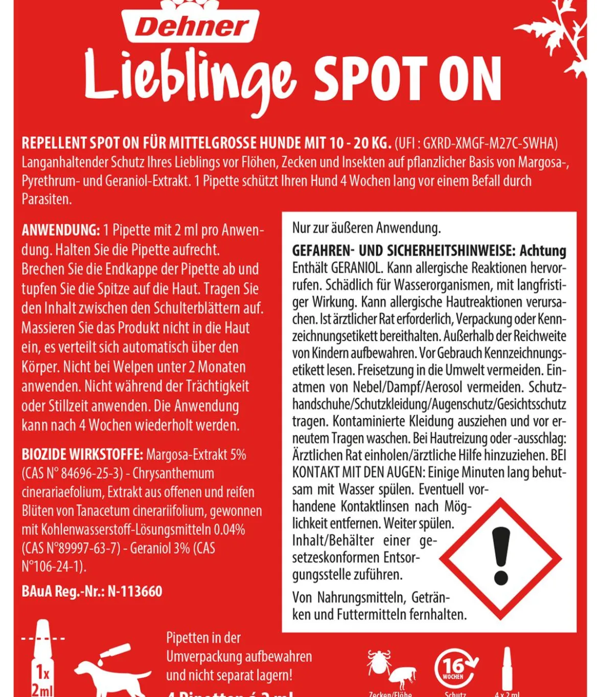Dehner Lieblinge Floh- und Zeckenschutz Spot On für mittelgroße Hunde, 4 x 2 ml
