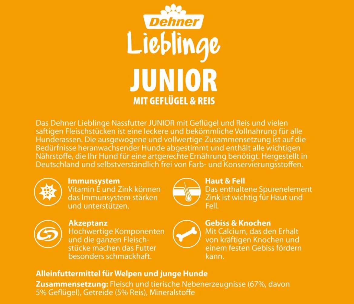 Dehner Lieblinge Nassfutter für Hunde Junior, Geflügel & Reis