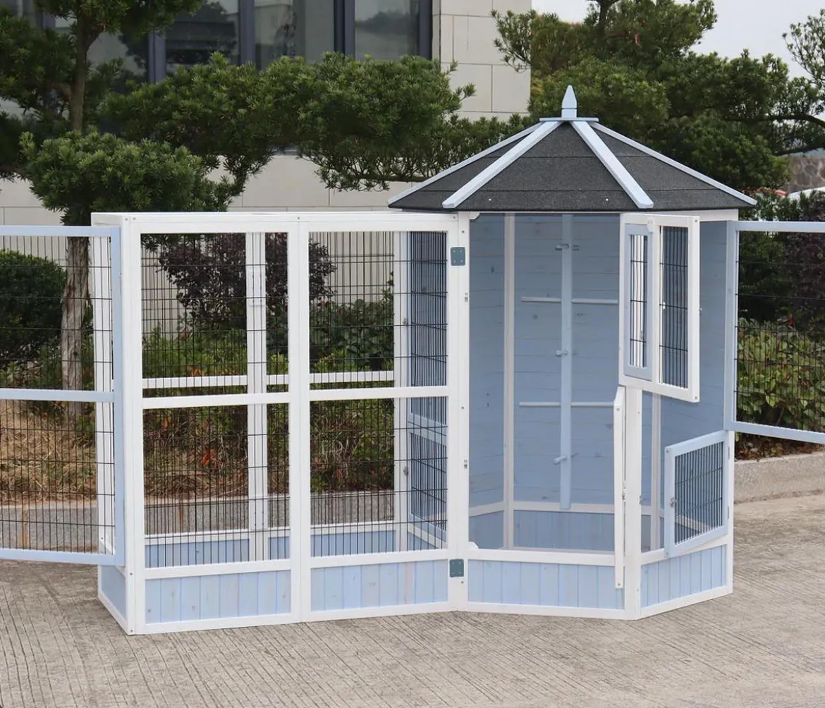 Dehner Lieblinge Vogelvolieren-Set Santorini, mit Freigehege, weiß/blau, ca. B236,4/H180/T132 cm