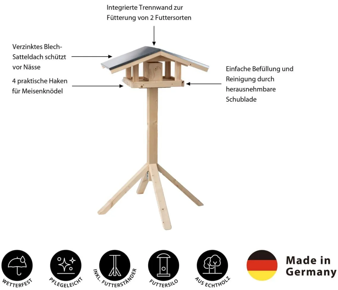 Dehner Natura Premium Futterhaus Karwendel, natur, inkl. Ständer Alpstein, ca. B84,3/H127,2/T84,3 cm