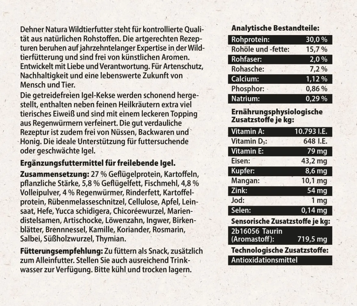 Dehner Natura Premium Igelfutter Igel-Kekse mit Regenwürmern