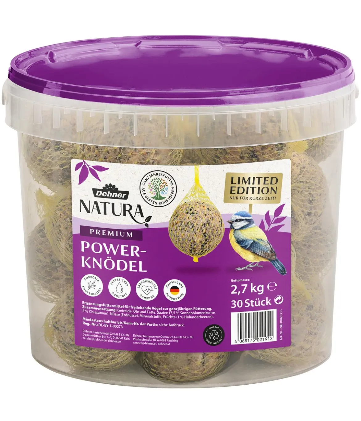 Dehner Natura Premium Wildvogelfutter Power-Meisenknödel im Eimer, mit Netz, 30 Stk.