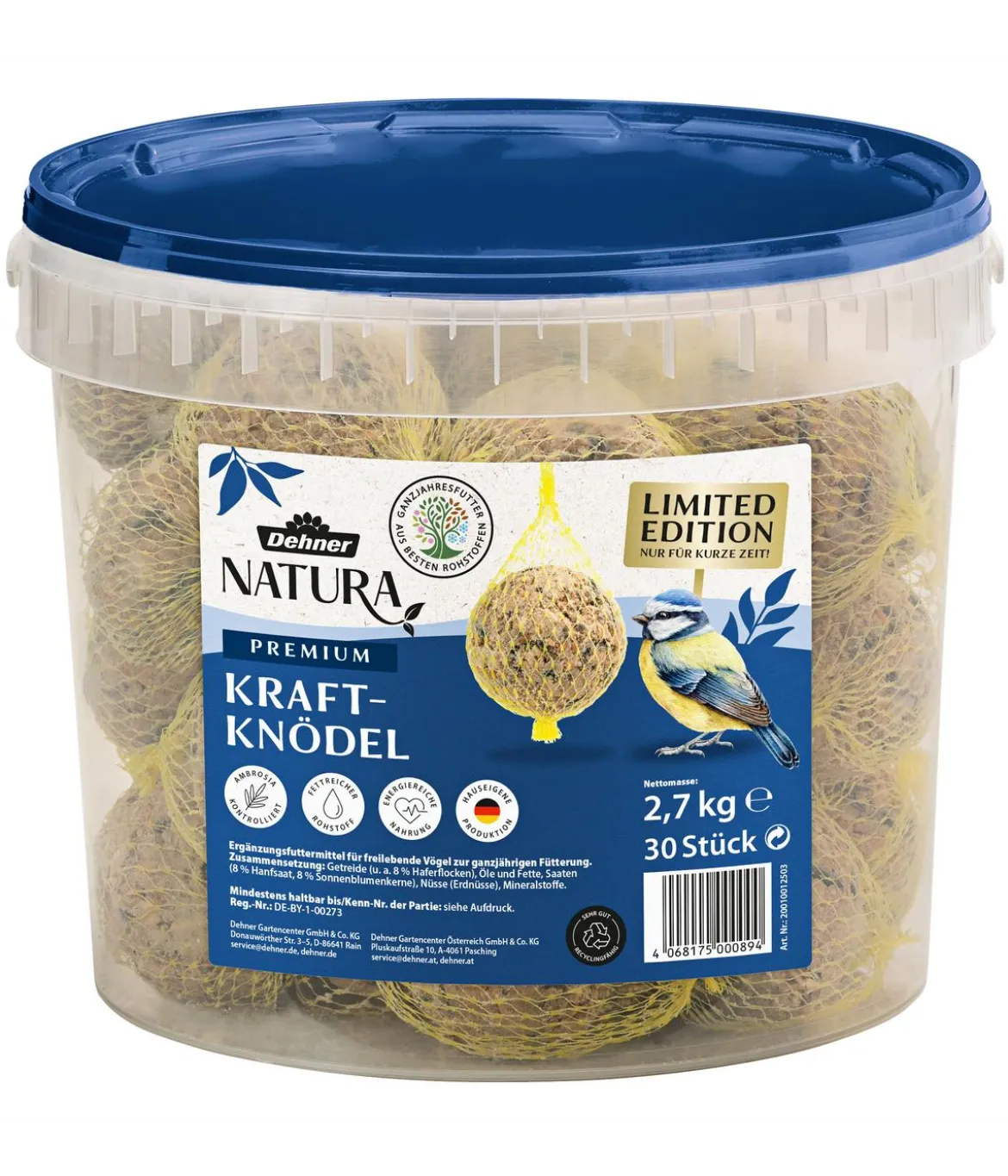 Dehner Natura Premium Wildvogelfutter Kraft-Meisenknödel im Eimer, mit Netz, 30 Stk.