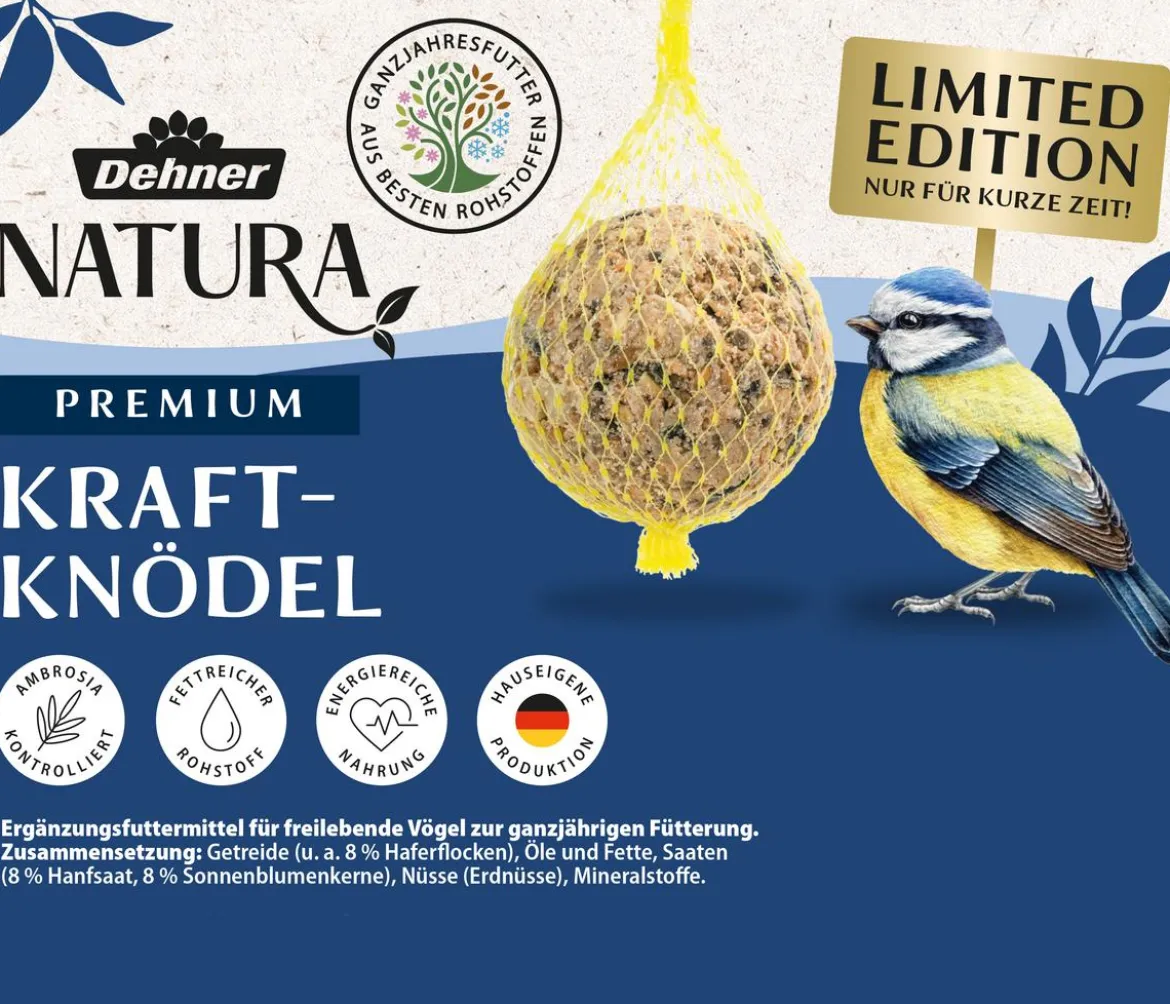 Dehner Natura Premium Wildvogelfutter Kraft-Meisenknödel im Eimer, mit Netz, 30 Stk.