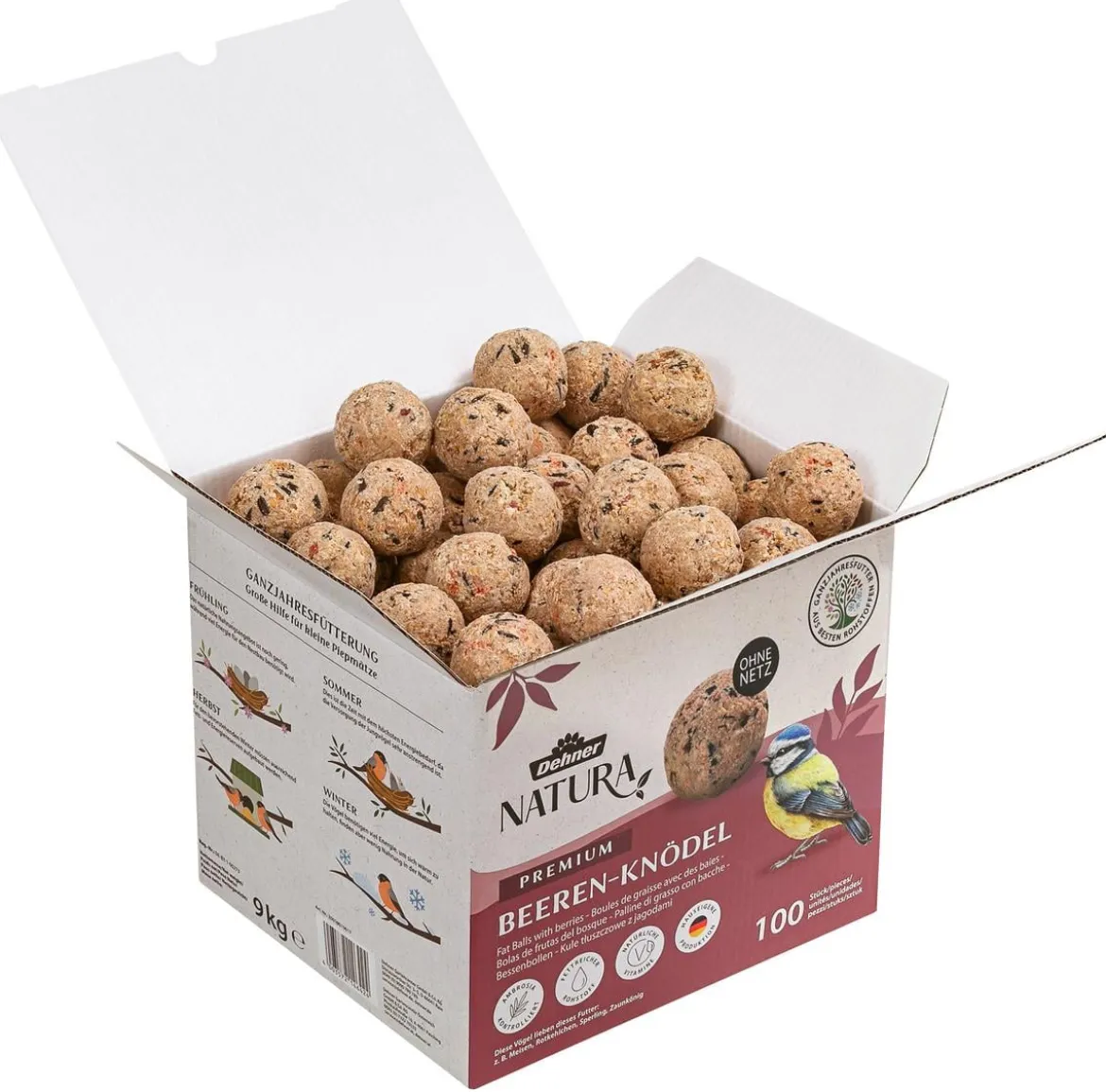 Dehner Natura Premium Wildvogelfutter Beeren-Meisenknödel im Karton, ohne Netz, 100 Stk.