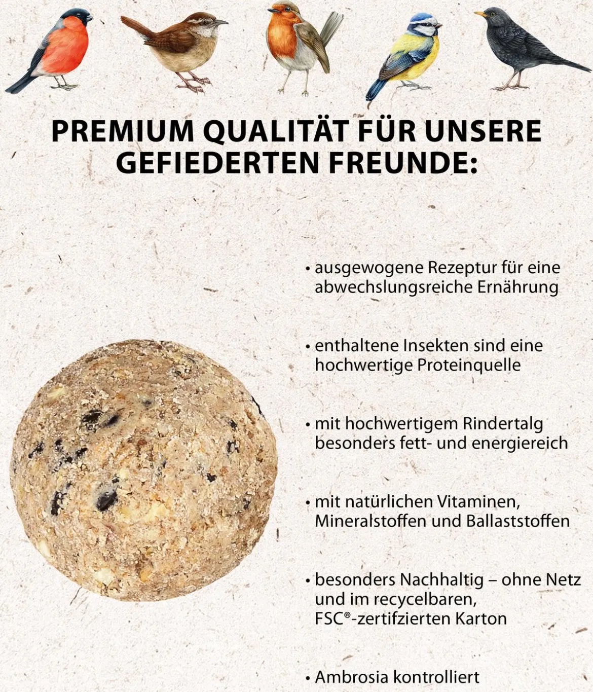 Dehner Natura Premium Wildvogelfutter Insekten-Meisenknödel im Karton, ohne Netz, 100 Stk.