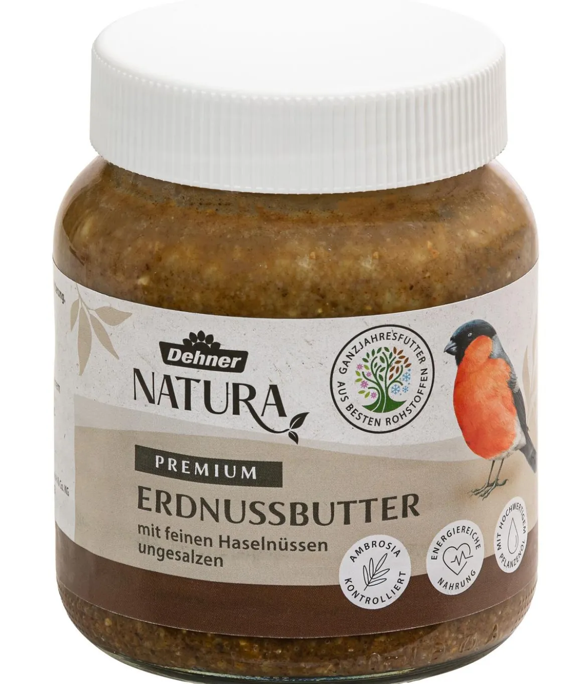 Dehner Natura Premium Wildvogelfutter Erdnussbutter im Glas, Haselnuss, 8 x 340 g