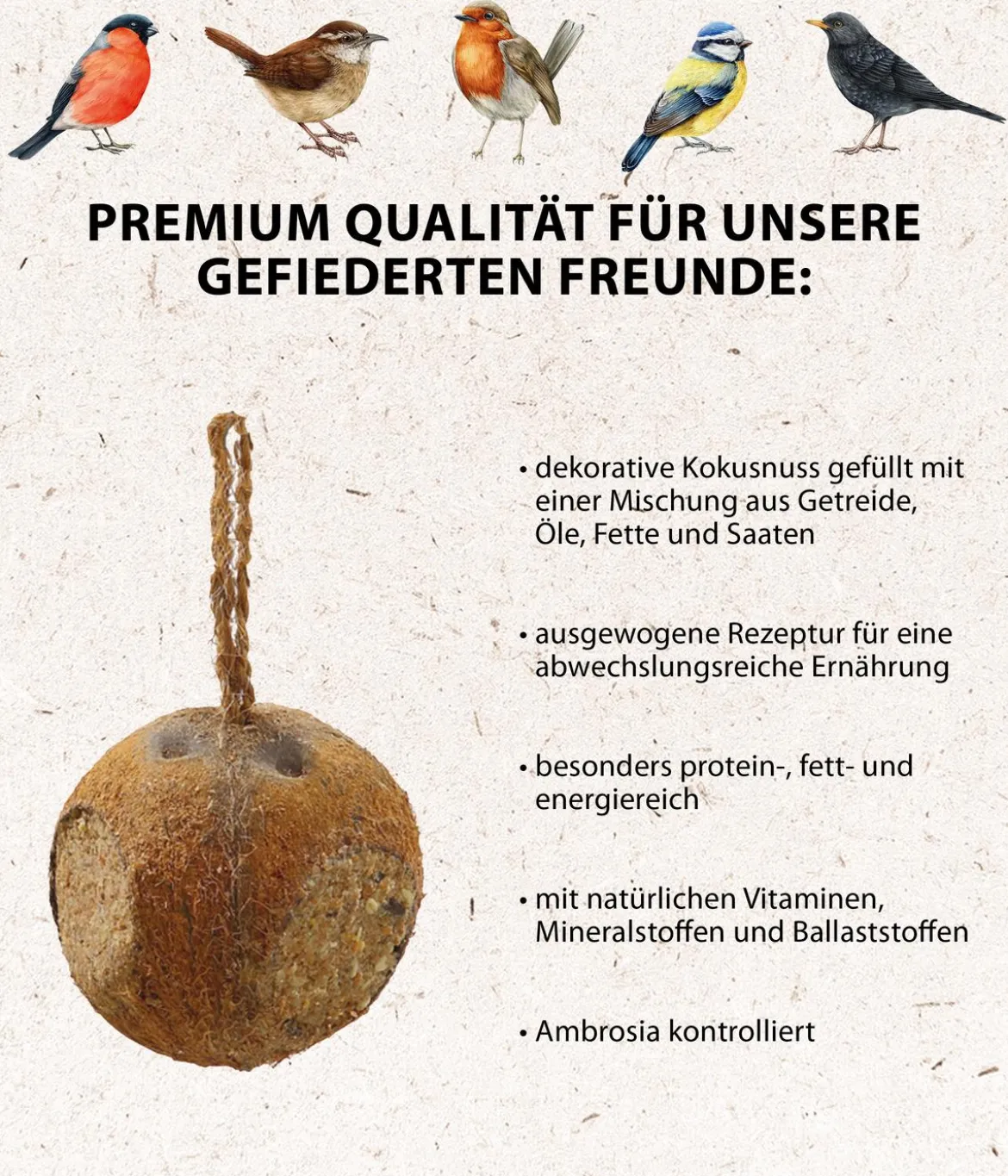 Dehner Natura Premium Wildvogel Kokosnuss mit Fettfuttermischung