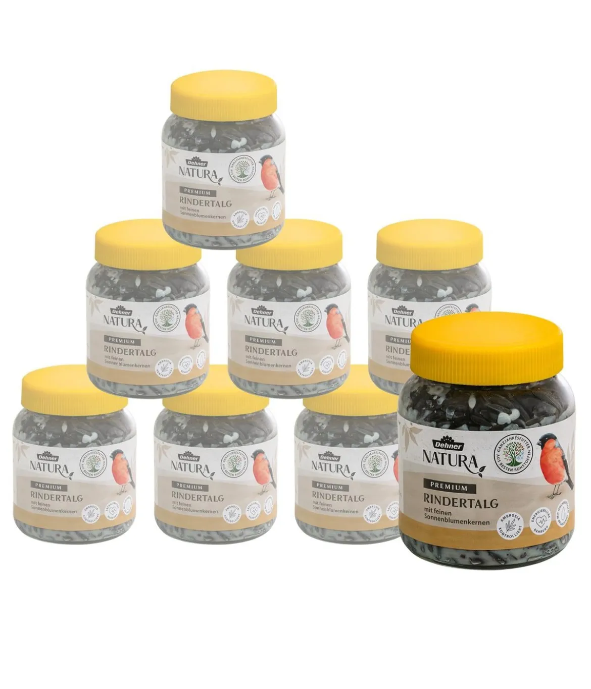 Dehner Natura Premium Wildvogelfutter Rindertalg im Glas, Sonnenblumenkerne, 8 x 250 g