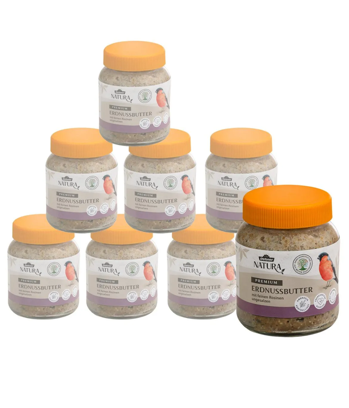 Dehner Natura Premium Wildvogelfutter Erdnussbutter im Glas, Rosine, 8 x 340 g