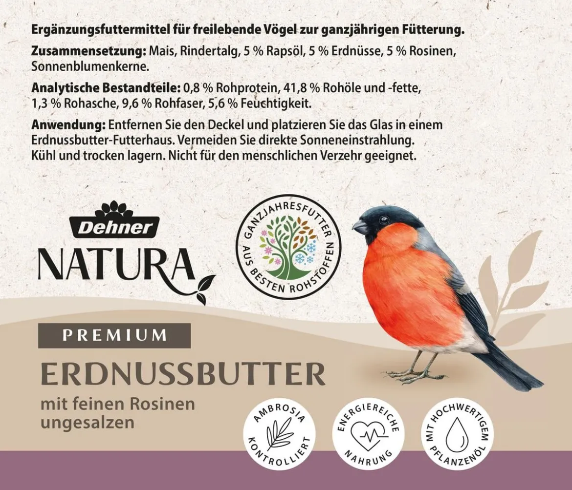 Dehner Natura Premium Wildvogelfutter Erdnussbutter im Glas, Rosine, 8 x 340 g