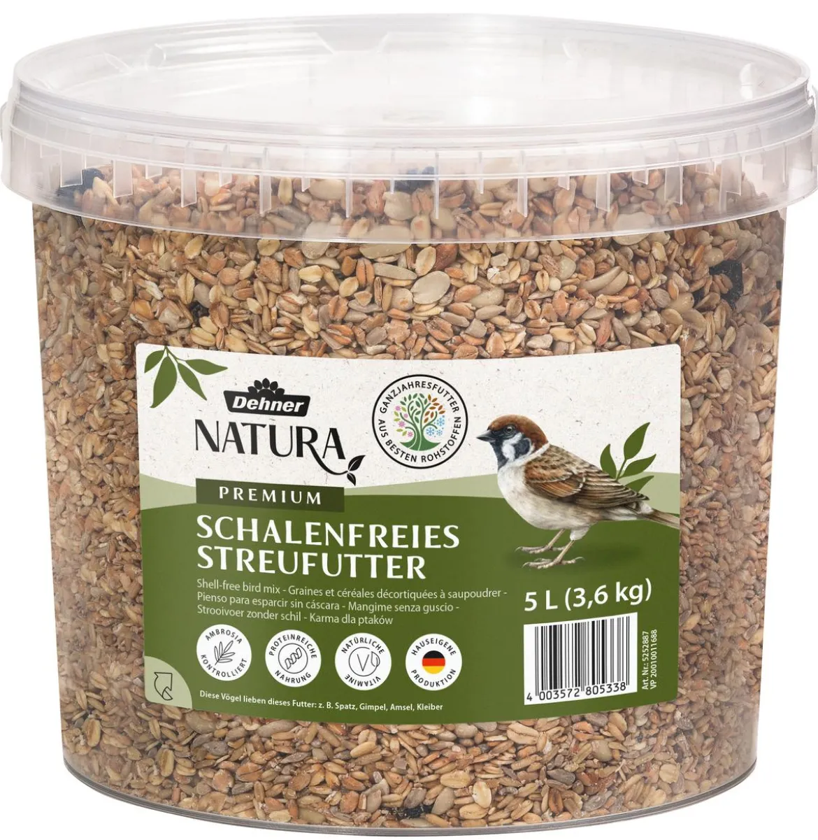 Dehner Natura Premium Wildvogel Streufutter schalenfrei im Eimer, 5 l