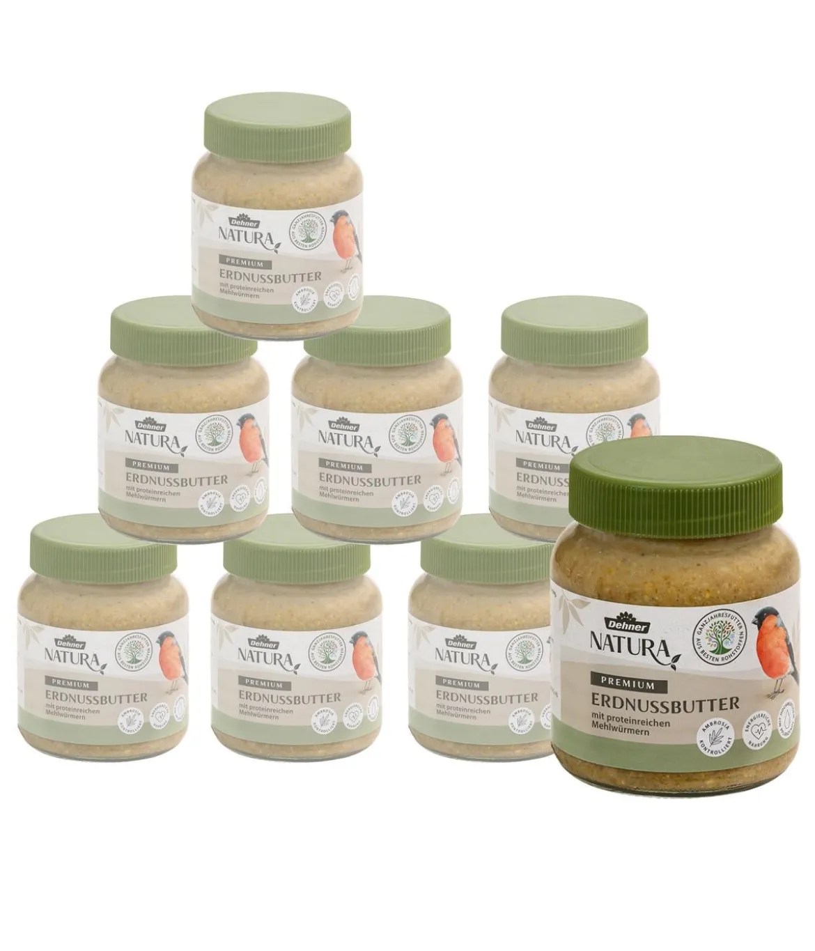 Dehner Natura Premium Wildvogelfutter Erdnussbutter im Glas, Mehlwürmer, 8 x 340 g