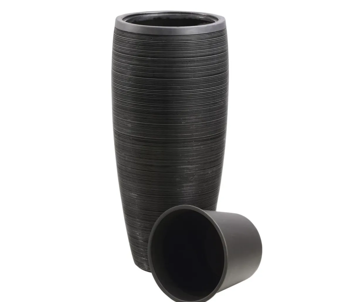 Dehner Polystone-Pflanzvase Singapur in Riffeloptik, rund, anthrazit