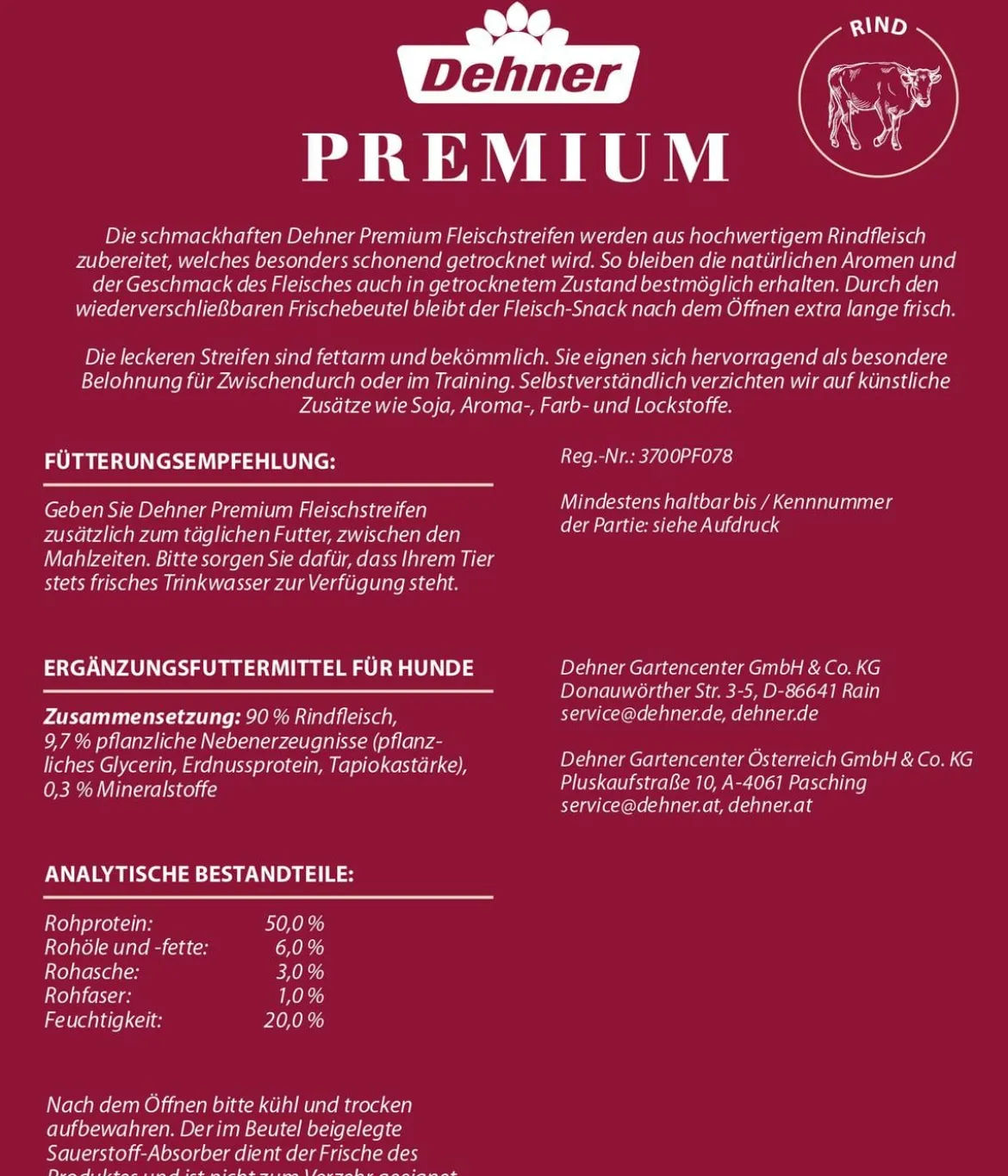 Dehner Premium Hundesnack Fleischstreifen, Rind, 170 g