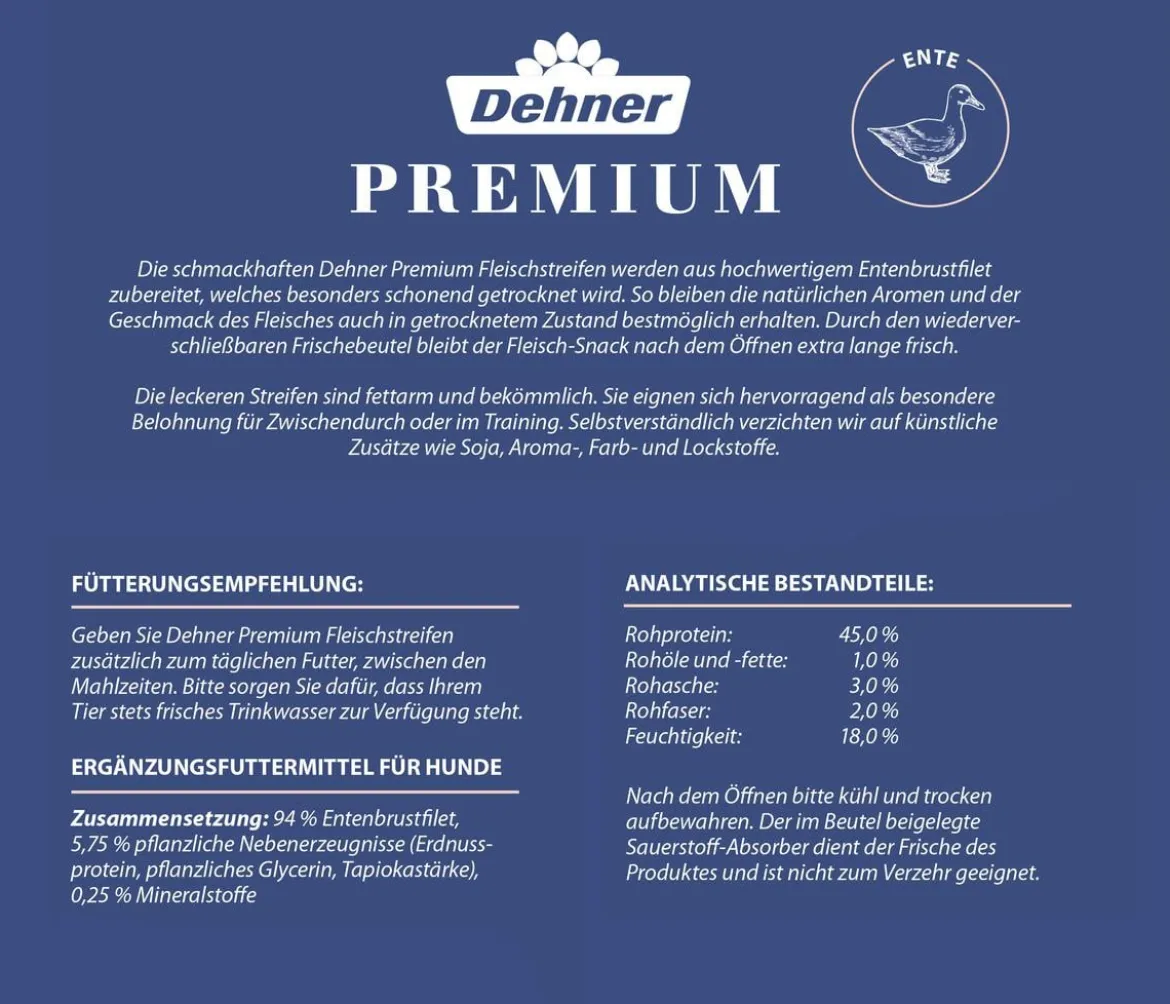 Dehner Premium Hundesnack Fleischstreifen, Entenbrust