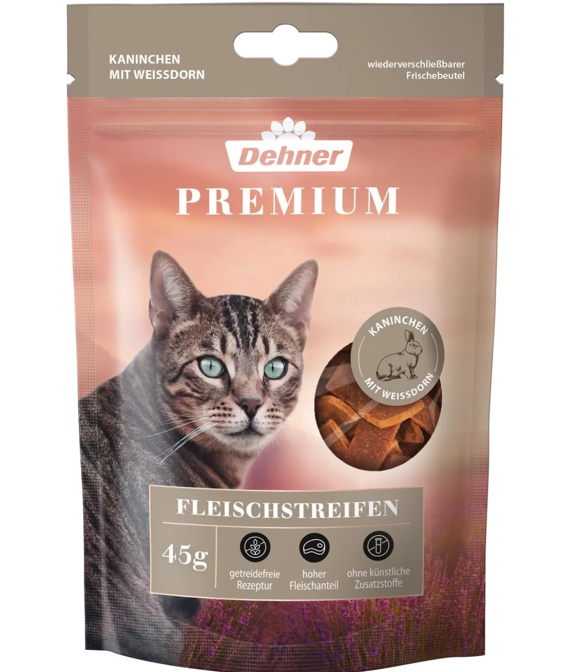 Dehner Premium Katzensnack Fleischstreifen, Kaninchen mit Weißdorn, 45 g
