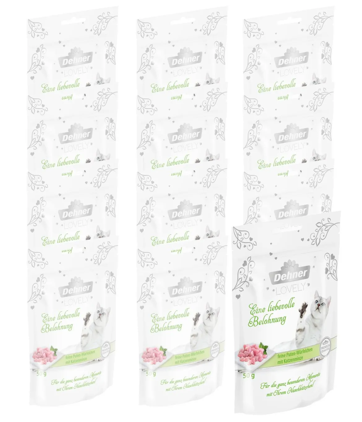 Dehner Premium Lovely Katzensnack Eine liebevolle Belohnung, 12 x 50 g
