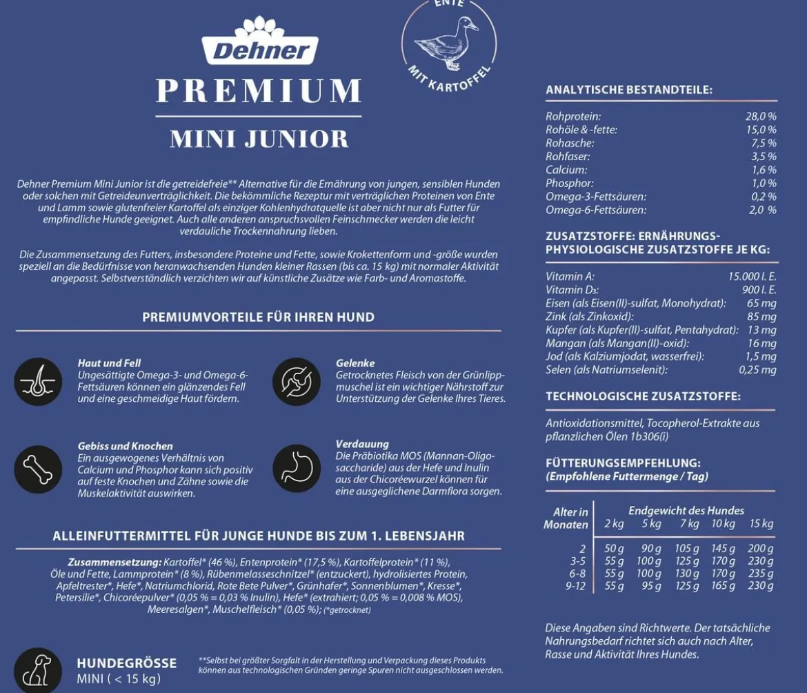 Dehner Premium Trockenfutter für Hunde Mini Junior, Ente & Kartoffel