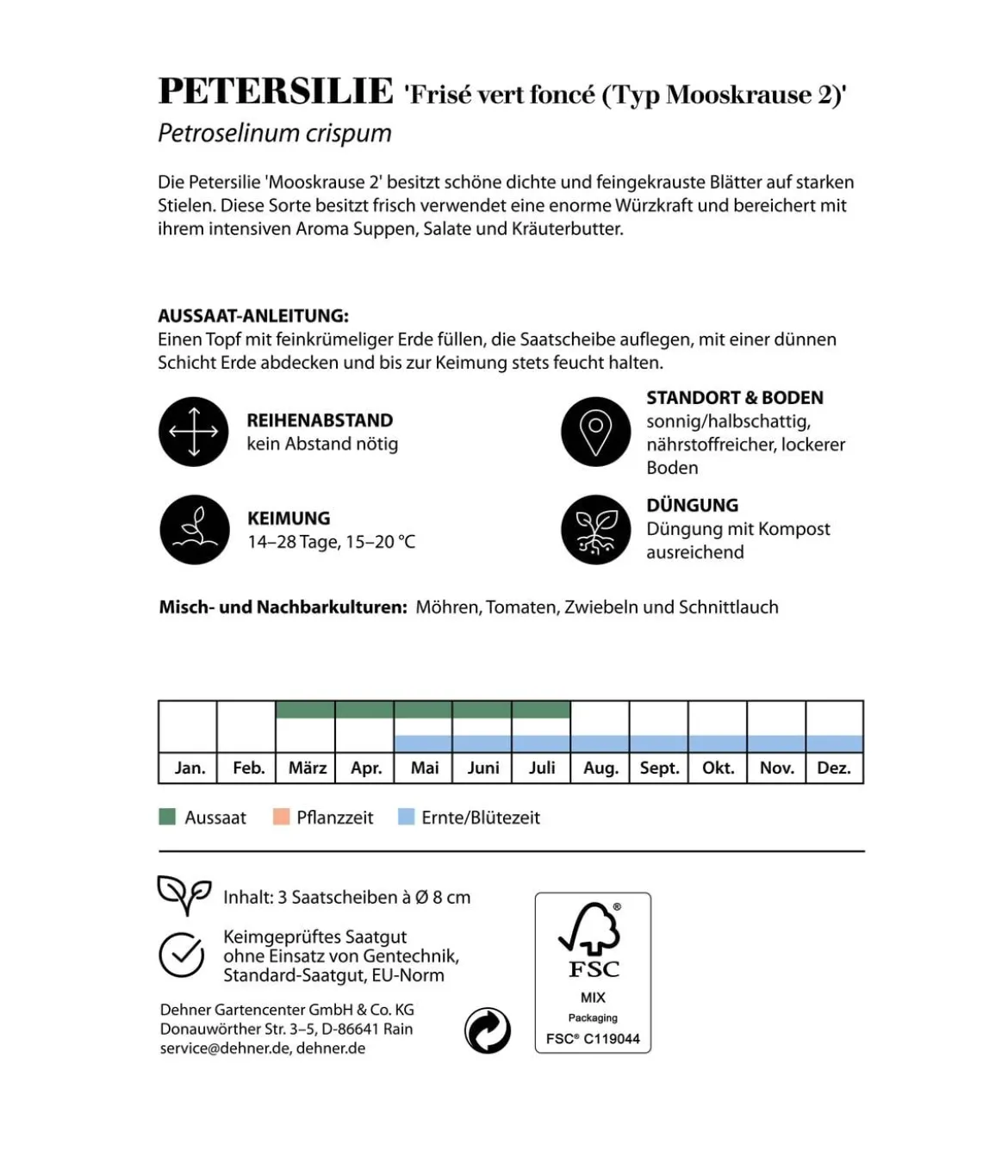 Dehner Saatscheiben Petersilie 'Frisé vert foncé (Typ Mooskrause 2)', 3 Stück à Ø 8 cm