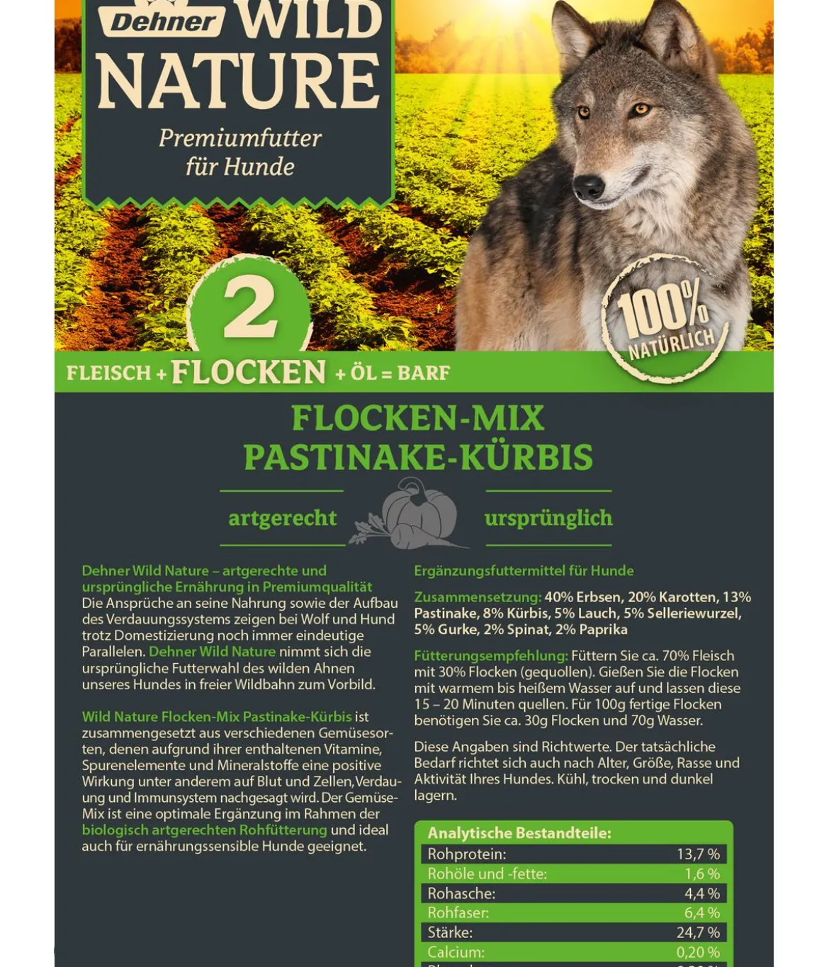 Dehner Wild Nature BARF-Ergänzungsfutter für Hunde Flocken-Mix Pastinake-Kürbis