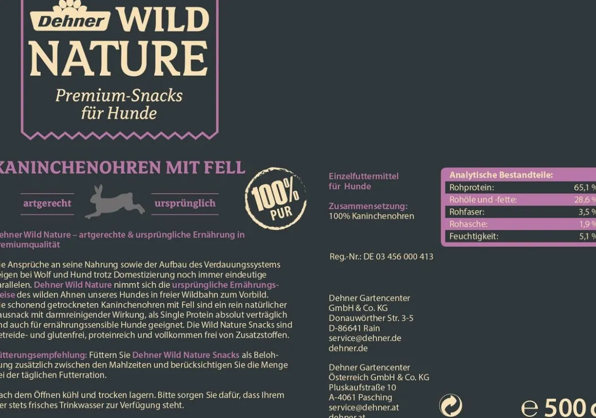 Dehner Wild Nature Hundesnack Kaninchenohren mit Fell, 500 g