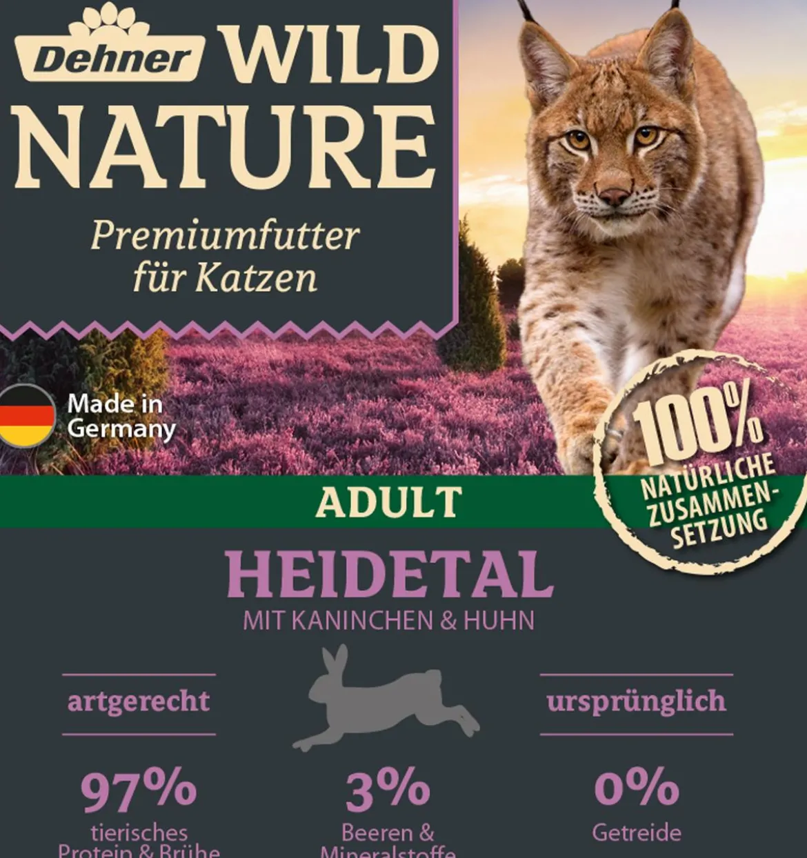 Dehner Wild Nature Nassfutter für Katzen Heidetal Adult, Kaninchen & Huhn, 16 x 100 g