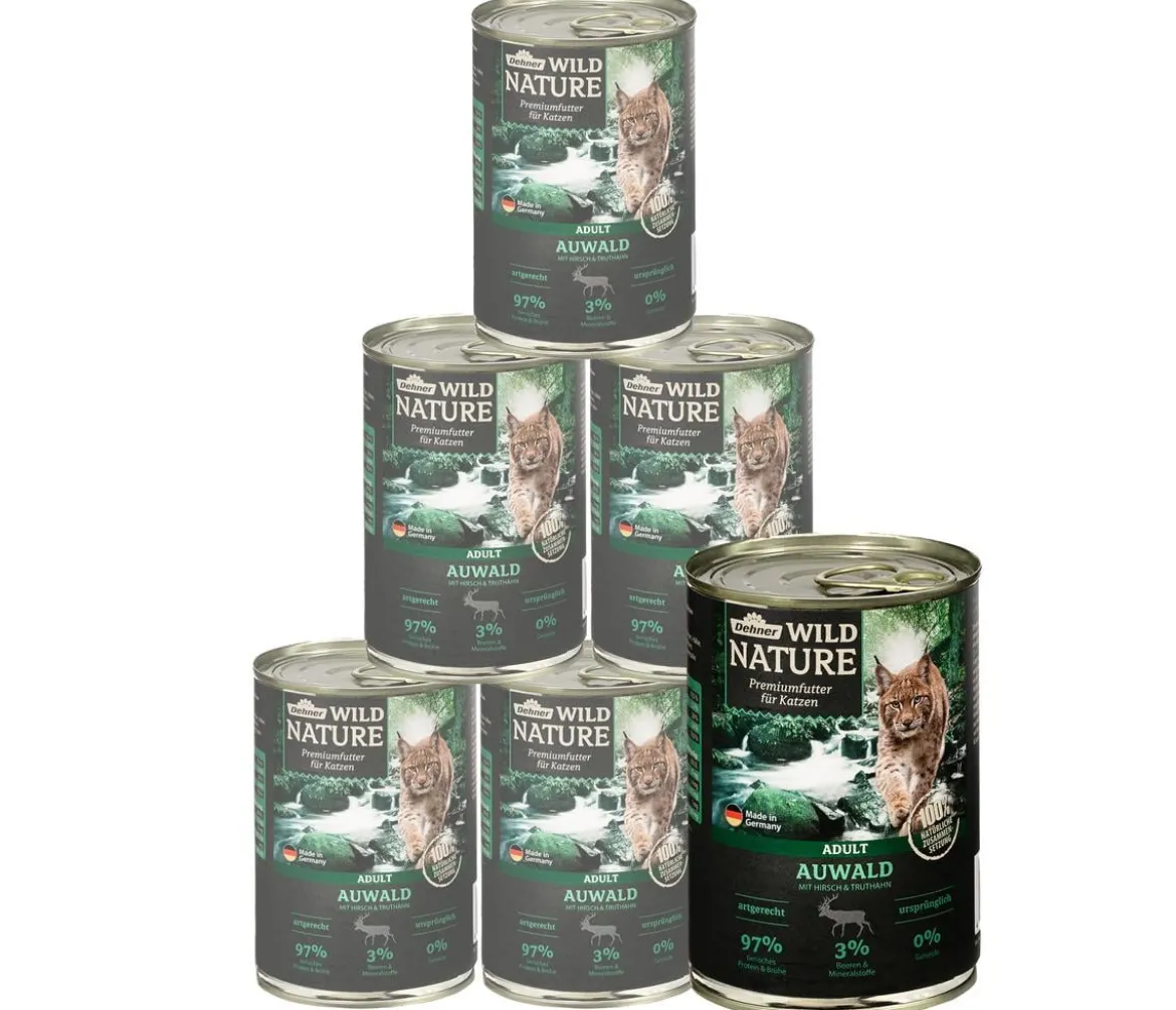 Dehner Wild Nature Nassfutter für Katzen Auwald Adult, Hirsch & Truthahn, 6 x 200 g/400 g