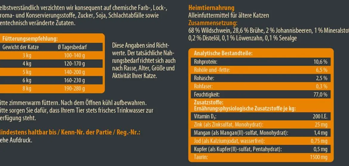 Dehner Wild Nature Nassfutter für Katzen Unterholz Senior, Wildschwein, 6 x 200 g/400 g